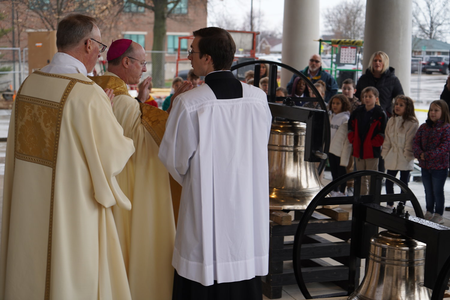 Bishop W. Shawn McKnight blesses the newly cast bells for the Cathedral of St. Joseph in Jefferson City on March 21.